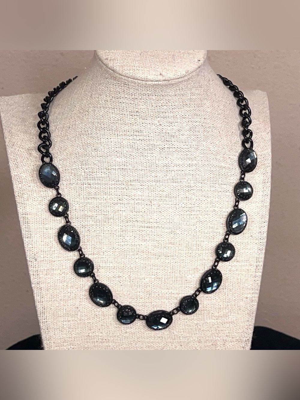 New Napier Dark Chrome Look Light Blue Gem Style Necklace Statement Gift NWT